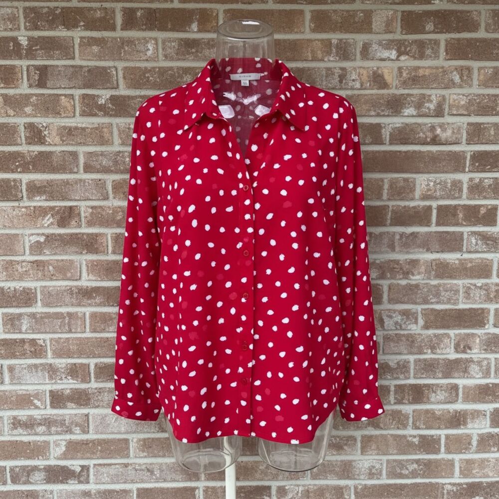 Cecil Red Polka Dot Button-Up Blouse | Convertible Roll-Tab Sleeves | Size XXL
